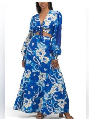 House Of Harlow 1960 Blue Linen Two-Piece Maxi Set, Medium